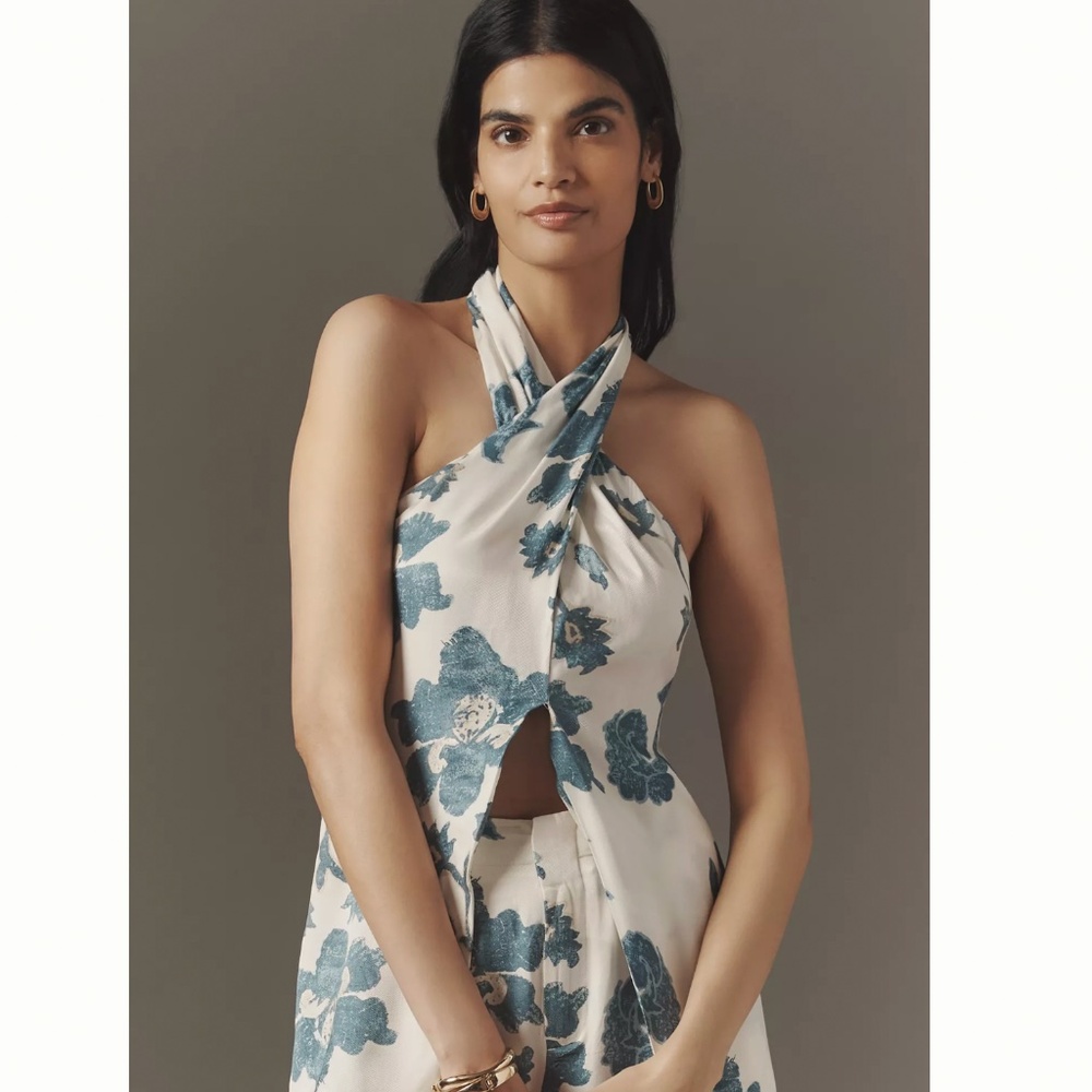 By Anthropologie Halter Block Print Silky Blouse- size L